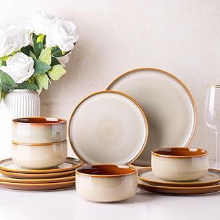 Dinner Set for 4, 12 Piece Stoneware Plates and Bowls Set, Chip & Scratch Resistant Reactive Glazed Dinnerware Set, Dishwasher & Microwave Safe Crockery Set (Cappuccino, Service for 4)
