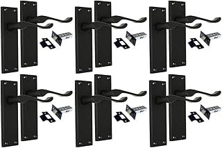 Matt Black Scroll Door Handle Set with Tubular Latches – Victorian Style Lever Handles for Internal & External Doors, Backplate Dimensions 150mm x 42mm (6 Pair of Handles + Tubular Latch)