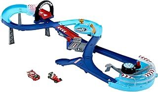Mattel Disney and Pixar Cars Playset with 2 Toy Cars, Lightning McQueen & Francesco Bernoulli, GRC Jumping Raceway Track Set with Kid-Powered Booster, HXJ32