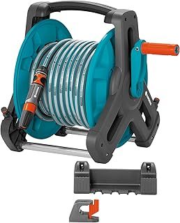 Gardena Classic wall-fixed Hose Reel 50 Set: Mobile hose reel, wall-mountable to save space and can be removed at any time, with a 20-m hose, spray nozzle, and system parts (8009-20), Multicolour