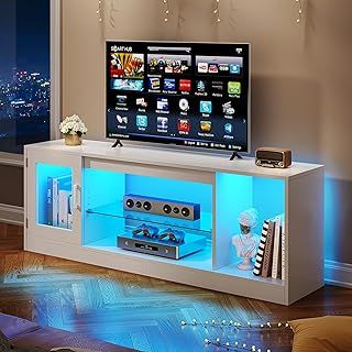 YITAHOME TV Cabinet Stand Unit 148CM TV Table Modern Style for TVs up to 65 Inch TV Flat Screen with Open Adjustable Glass Storage Shelves for Living Room, Gaming Entertainment Room, Hallway, Bedroom