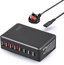 Black 200W 8-Port Desktop Charging Station with 4 USB-C and 4 USB-A Ports & 1.5m UK Extension Cord for Laptops and Mobile Phones