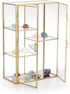 TOLIDA Gold Brass Glass Display Organizer Cabinet with Doule Doors and Lock - 5 Slots Tabletop Storage Holder, Figures Display Case, Decorative Tower Box for Gemstones Agates Rocks Amber