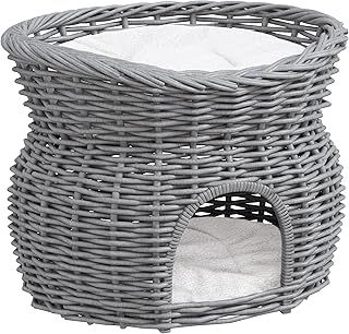 PawHut 2-Tier Wicker Cat House Elevated Pet Bed Basket Willow Kitten Tower Pet Den. Cozy Cave with Washable Cushions 56x37x40cm Grey