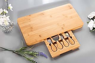 Deluxe Bamboo Cheese Board and Knife Set - Charcuterie Gift Set - Premium Chopping Board for Kitchen Oval Serving Tray with Stainless Steel Knife Set Gift