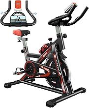 Jupgod Stationary Exercise Bike, Indoor Cycling Bike with Slient Flywheel, LCD Monitor, Comfortable Seat, Indoor Cycling Bike for Home Training Cardio, Black Red