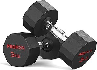 PROIRON Rubber Dumbbells Odorless, Steel Weights Set Men Women Home Gym 3kg 5kg 8kg 10kg 12kg 14kg 16kg 20kg 24kg Fitness Training Exercise Body Strength Lifting Equipment (Pair or Single)