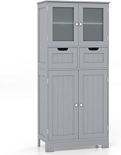 COSTWAY Bathroom Floor Cabinet, Freestanding Storage Cupboard with Tempered Glass Door, 2 Drawers and Adjustable Shelves, Wooden Floor Storage Cabinet Unit for Living Room Kitchen Hallway (Grey)