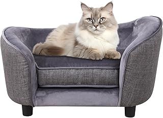 Pet Sofa Bed, Velvet & Linen Fabric Pet Couch Chair with Removeable & Washable Cushion for Small Dogs Cats(66 x 40 x 35 cm) (Dark Gray)