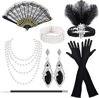 1920s Flapper Great Gatsby Accessories Set Roaring 20's Theme Set for Women, Retro Carnival Festival Halloween Christmas,with Headband Gloves Necklace Earrings Lace Folding Fan