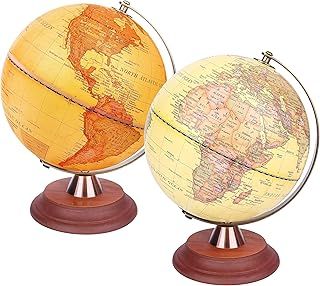 EXERZ Illuminated World Globe 20cm Antique Globe Wooden Stand Metal Arc, Light up LED Earth Globe Lamp, Vintage Colour Modern Map