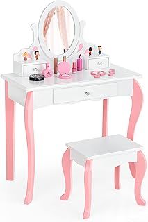 Kids Dressing Table and Stool Set, 2-in-1 Children Vanity Table with Removable & 360° Rotating Mirror, 3 Drawers, Wooden Princess Make up Desk for Kids Bedroom Playroom (White)