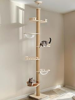 Veehoo Floor to Ceiling Cat Tree for Indoor Cats, 270-313cm 6 Tiers Cat Tree Tower Height Adjustable Cat Climbing Tower with Space Capsule Fenced Perchs Scratching Post for Indoor Cats Kittens