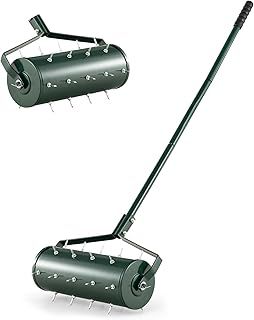 45cm/53cm Lawn Aerator, Heavy-Duty Rolling Spreader Lawn Care Tool with 130cm Metal Handle, Fillable Drum, Manual Aerator Gardening Roller for Garden Grass Patio Yard (Green,45x14x130cm)