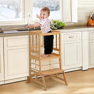COSYLAND Height Adjustable Kids Kitchen Step Stool with Anti-tip Support Corners - Kids Standing Tower for Kitchen Counter, Bathroom, Nursery (Dark Yellow)