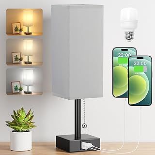 Aooshine Bedside Lamp, Table Lamp for Bedroom, Lamp with USB C+A Charging Ports, Small Lamp with 3-Color Modes with Pull Chain, Lamps with Grey Fabric Shade(LED Bulb Included)