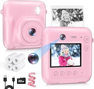 Kids Camera Instant Print, Dual-Lens 48MP,1080P HD Video and Selfie Kids Camera with 32G Card and 4 Print Paper, for Age 3-12 Years Old Boys & Girls Birthday Gifts (Pink)