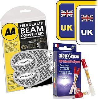 European Travel Kit inc NF Breathalysers + UK Stickers + AA Eurolites Headlight Deflectors for Europe | Car & Motorhome Parts for Car Trips in France, UK Number Plate GB Stickers for Europe