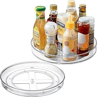 2 Pack Lazy Susan Turntable Cupboard Organiser(27+23.5cm), Rotatable Spice Rack Fridge, Clear Cupboard Condiment Spinning Tray, Multi-Functional Spice Rack for Kitchen Storage