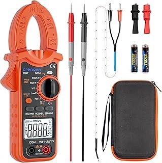 Crenova Digital Clamp Meter, 6000 Counts TRMS Multimeter, DC Amp Clamp Meter, AC/DC Current/Voltage, Resistance, Capacitance, Frequency, Duty Cycle, Temperature, Continuity, Diode, NCV, Live Wire Test