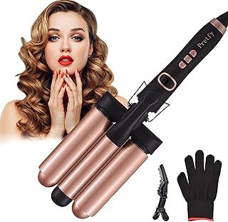 Pretfy 3 Barrels Hair Curler 32mm Curling Iron Hair Waver 1.25" Curling Tongs Mermaid Wand Beach Waves LCD Display, Adjustable Temperature from 60~220 °C Wave Curlers for Medium Long Hair, Auto-Off