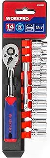 WORKPRO 14-Piece Metric Socket Wrench Set (4-13mm), Anti-Rust Cr-V Steel, 1/4" Quick Release Drive Ratchet 72 Teeth with Extension Bar