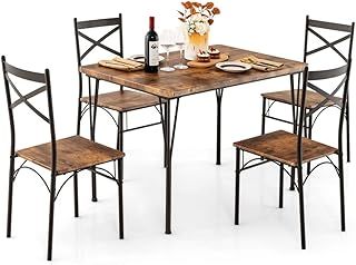 TANGZON Dining Table and 4 Chairs Set, 5 Pieces Kitchen Table Set with High Back, Metal Legs & Anti-slip Foot Pads, Space-saving Dining Set for Dining Living Room Restaurant (Rustic Brown + Black)