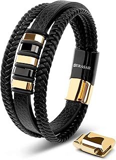 SERASAR | Premium Genuine Leather Bracelet [Glory] for Men in Black | Magnetic Stainless Steel Clasp in Silver and Gold | Inclusive Jewellery Box | Great Gift Idea