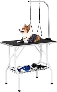 Yaheetech Foldable Dog Grooming Table 36'' Height Adjustable Pet Grooming Table w/Tool Shelf for Small/Medium Dogs/Cats Texture Groomers Table w/2 Loops, Black