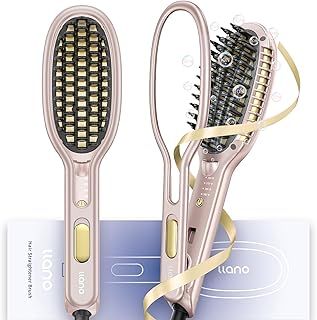 llano Hair Straightener Brush, 2025 Upgraded Ionic Fast straightening Brush and Curler 2 in 1 with Holder Clamp, Anti-Scald Ceramic for All Hair Types（Pearl Pink）