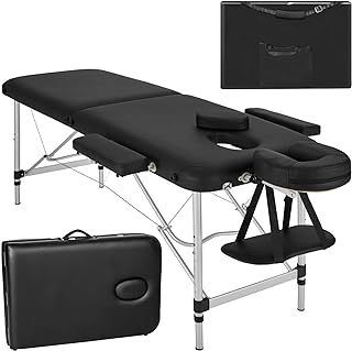 TecTake Lightweight Portable Massage Table, Comfortable 2 section Padded Folding Spa Bed, adjustable massage bed including accessories, aluminium headrest, armrest and storage bag - black