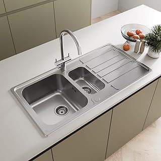 SÄUBER 970 x 500mm Stainless Steel Kitchen Sink One and Half 1.5 Bowl Inset Drop in Installation, Reversible Drainer, 18/8 Grade Stainless Steel Sinks, Free Strainer Waste