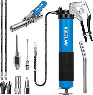 KRETLAW Grease Gun, 7000 PSI Heavy Duty Professional Pistol Grip Grease Gun Kit with Double Grease Injector Needle,18" & 2pc 12" Flex Hose,14oz