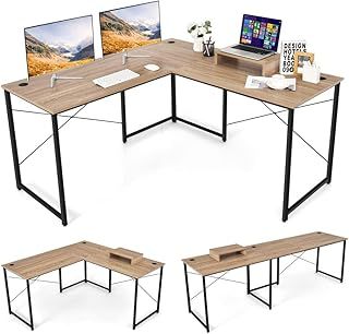 COSTWAY L-Shaped Computer Desk, 240cm Reversible Double Study Writing Workstation for 2 Person, Large Long Corner Home Office Desk Wooden PC Laptop Gaming Table with Monitor Stand (Natural)