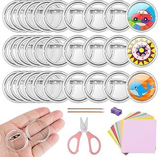 VEPEPE 30 Pcs Badge Making Kit for Kids, Make Your Own Badges with Clear 3.8 cm Acrylic Badges, 100 Colorful Papers & 2 Pencils, Scissors, Pencil Sharpener, DIY Craft Activities & Party Bag Fillers