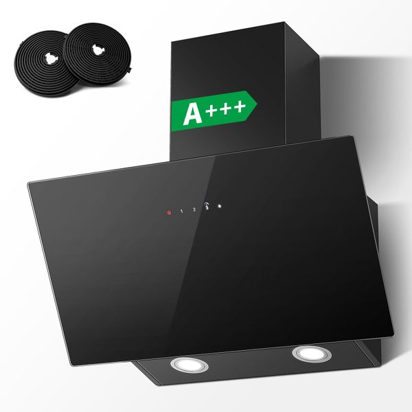 Cooker Hood 60cm, TopStrong Extractor Fan Kitchen, Wall-Mounted Extractor Hood, A+++ Kitchen Hood, 450 m³/h, Touch Control, 3 Speed + Booster, Recirculating & Ducting System, Black