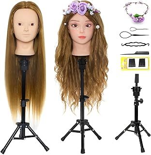 Neverland Beauty & Health Hairdressing Head - 24" 50% Real Human Hair Mannequin Head - Cosmetology Mannequin Manikin Training - Training Head - Styling Head With Tripod Adjustable(Brown)