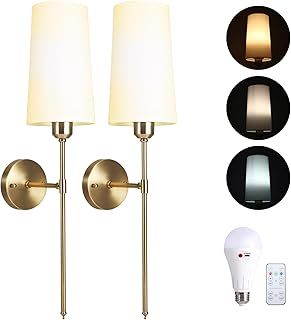 Battery Operated Wall Sconces Set of 2, Rechargeable Wall Lights with 3 Color Temperature Dimmable and 4 Brightness, No Wire Wall Lamp with Remote and led Light Bulb for Bedroom Living Room (GOLD)