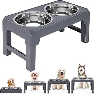 Elevated Dog Bowl, Rasied Dog Bowl with 2 Stainless Steel Dog Bowls,4 Heights Adjustable for Small Medium Large Dogs and Pets,Grey