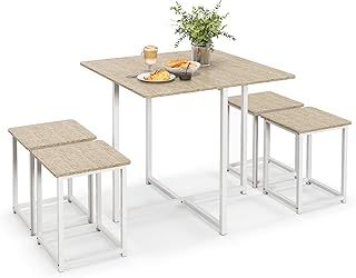 COSTWAY Dining Table and 4 Stool Set, 5-Piece Industrial Breakfast Table Chair Set with Foot Pads, Metal Frame Square Dining Room Furniture for Home Kitchen Bar (Beige+White)