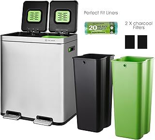 Fox & Webb - Dual Rubbish Bin for Kitchen, 60L, Recycling Bin with 20 Rubbish Bags, 2 x 30L Removable Inner Buckets, Pedal Bin, Soft Close, Silver