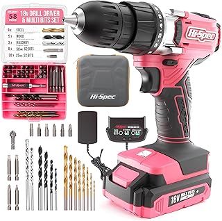 Hi-Spec 58pc 18V Pink Electric Cordless Power Drill Driver. Includes Rechargeable Battery, Power Screwdriver Bits, Wood, Metal, and Masonry Drill Bit Set Accessories. in a Compact Case