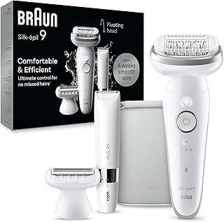 Braun Silk-épil 9, Epilator with Pivoting Head for Easy Hair Removal, Wet & Dry, Lasting Smooth Skin, with Lady Shaver Head & Trimmer Comb, 9-441, White/Silver with EU Plug