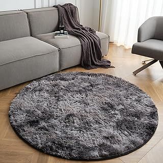 CHOSHOME Round Fluffy Rug - Large Bedroom & Living Room Decor - Non Slip, Washable, Soft Carpet Shaggy Area Rug for Kids Room - Black/Grey 120CM