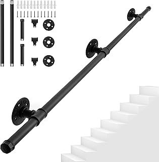 BQKOZFIN 6.6FT/2M Metal Stairs Handrail, Wall Balustrade Non-Slip Industrial Iron Pipe Hand Railing, Wall Mount Support Step Baluster for Indoor Outdoor Stairs Hospitals Bathrooms Yards (Black)