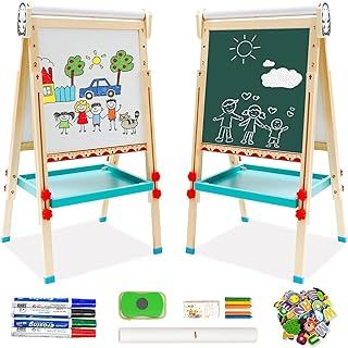 Kids Easel with Paper Roll Double-Sided Whiteboard & Blackboard Standing Easel with Numbers and Other Accessories for Kids and Toddlers (Penguin)