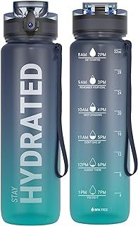 Sahara Sailor Leakproof Water Bottle 1L/500ML/750ML, Tritan BPA Free Motivational Sport Drinks Bottle with Clear Time Marker, Lock Cover, Easy Clean Brush, Durable for Gym, School, Cycling (1 Bottle)