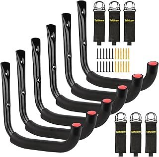 Tahikem 6 Set Garage Hooks, Utility Ladder Hooks 7 Inch / 18cm Long, Black Garage Storage Tool Hooks, Heavy Duty Large Wall Mounts Hanger Brackets, Outdoor Indoor Bike Chair Hose Storage - H20 X L18cm