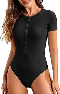 Swimming Costume Women Short Sleeve One Piece Swimsuits Zip Up Bathing Suits Rash Guard Ladies Swim Suits Surfing Sports Modest Swimwear Padded Beachwear