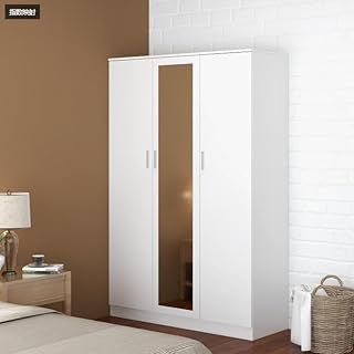 3 Doors Mirrored Wardrobe with Hanging Rail Wooden Clothes Storage Cupboards Unit for Bedroom Furniture 115.4 x 50 x 180 cm (White)
